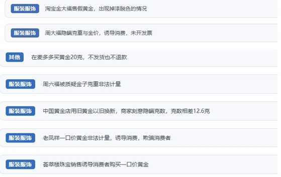 &nbsp; &nbsp; 網(wǎng)友涉及黃金消費(fèi)糾紛的相關(guān)投訴問題。（“人民投訴”用戶投訴截圖）